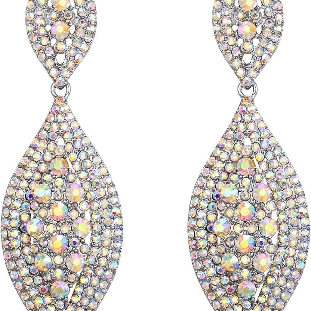 Women's Rhinestone Crystal Wedding Bridal 2 Leaf Drop Dangle Chandelier Earrings